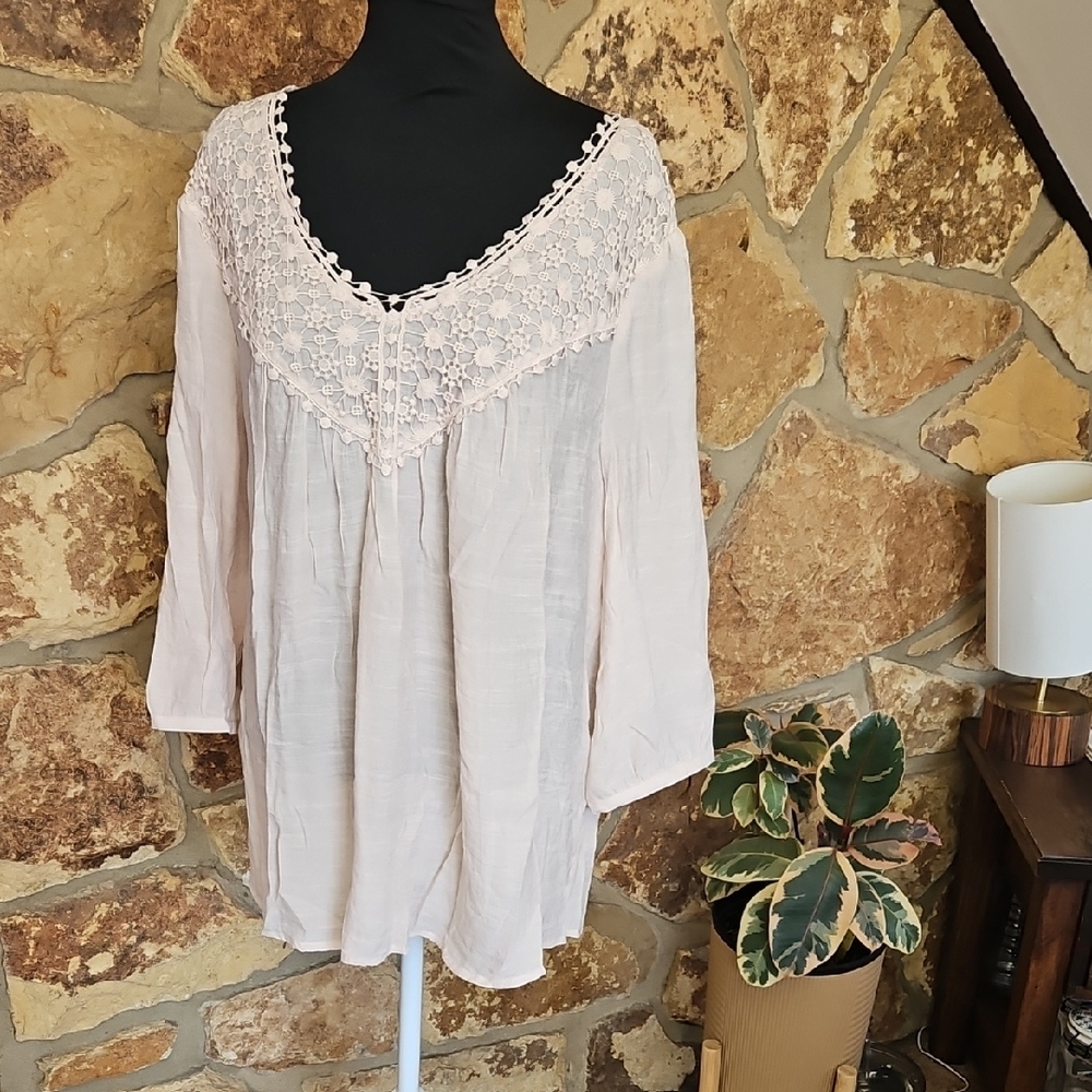 Spense Woman Oatmeal Lace Trim 3/4‎ Sleeve Blouse Sz 2X
